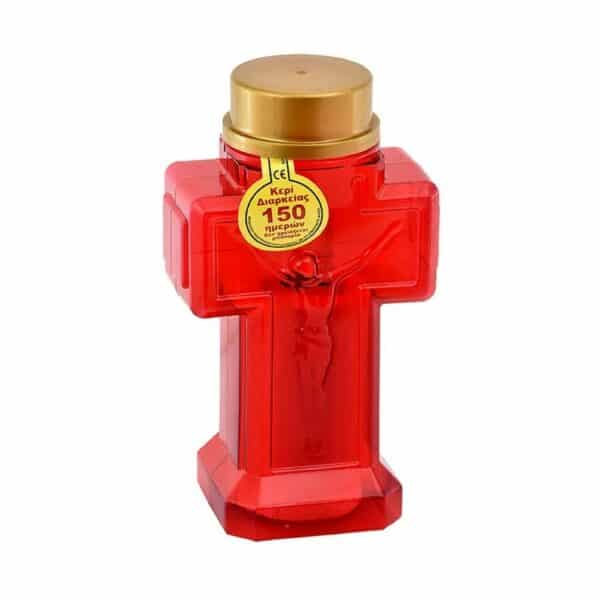 Battery-operated cross-shaped red cemetery candle with Jesus